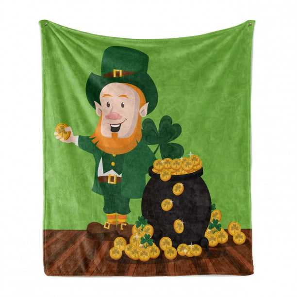 60 x 80 Ambesonne Leprechaun Soft Flannel Fleece Throw Blanket Cozy Plush for Indoor and Outdoor Use Saint Patrick's Day Elf Man Holding a Rainbow Coin Pot Cartoon Lime Green Charcoal Grey 